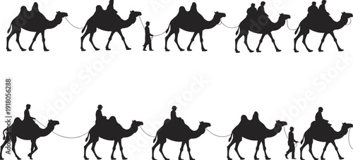Camel caravan silhouettes in desert journey, traditional travel scene with riders and walkers, cultural heritage illustration, nomadic lifestyle concept, adventure
