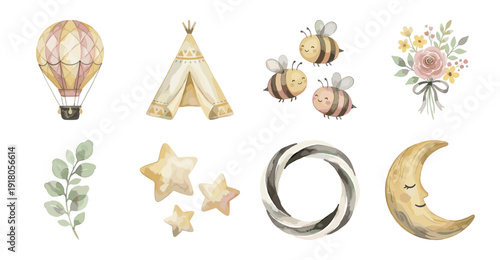 Watercolor Boho Baby Nursery Clipart Set, Vector Illustrations