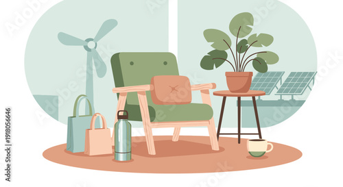 A serene indoor scene with a green chair, potted plant, and eco-friendly elements near a window with solar panels outside.