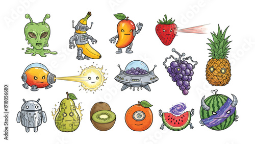 Fruit and Alien Characters: A collection of charming illustrations featuring a delightful array of fruits and quirky alien characters in various playful poses.