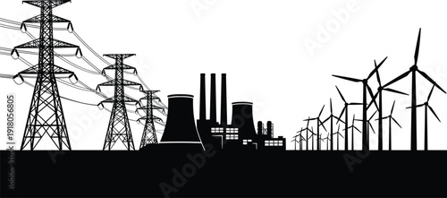 Electric power generation panorama with transmission towers, thermal power plant and wind turbine farm illustrating industrial electricity 