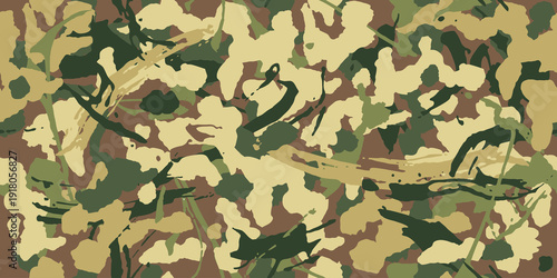 Abstract grunge camouflage, seamless pattern. Military camo texture with paint strokes and splashes elements, army or hunting green clothes. Wallpaper for textile and fabric. Fashion style