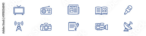 Minimalist line icon set for mass media and journalism, featuring television, radio, newspaper, camera, microphone, satellite dish, and more.