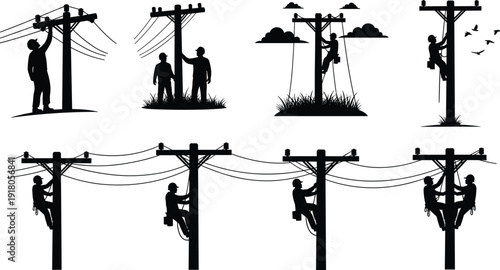 Electrical line worker silhouettes set, utility pole maintenance electrician vector illustration isolated, power line repair service, electricity distribution 