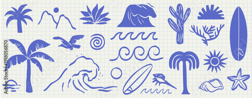 Hand drawn doodle beach and surf vector illustration vignetting set. Tropical naive coastal elements like palm trees, waves, surfboards, and sun perfect for summer designs, t-shirts, poster prints.