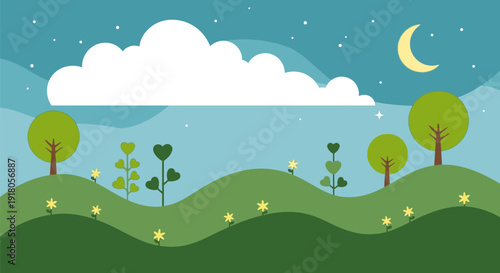 Serene Night Landscape with Fireflies Dancing Around Trees Under Moonlight on Rolling Hills