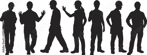 Construction workers silhouettes, teamwork, labor force, industrial safety, hard hats, occupational unity, group workforce, building industry, engineering staff, industrial teamwork