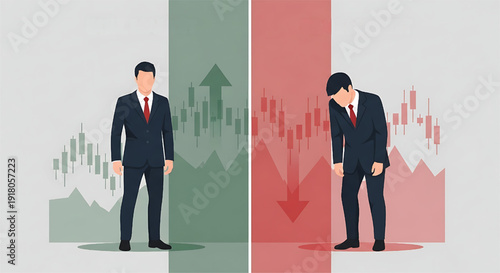 Financial market performance showing business success and failure with confident and despondent executives