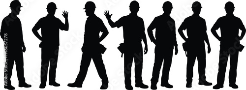 Construction workers silhouettes, industrial labor team, hard hats safety, teamwork unity, engineering workforce, occupational roles, building industry, construction site teamwork