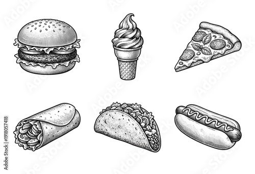 A collection of fast food illustrations featuring a burger, ice cream, pizza, wrap, taco, and hot dog in a classic black and white engraved woodcut style.