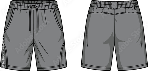 Men’s Athletic Shorts Front and Back View Technical Flat Sketch with Elastic Waistband Drawstring and Pocket Details for Sportswear Apparel Design Template