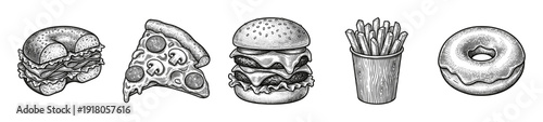Vintage hand drawn engraving style fast food collection featuring a bagel sandwich, pepperoni mushroom pizza slice, double cheeseburger, french fries, and glazed donut.