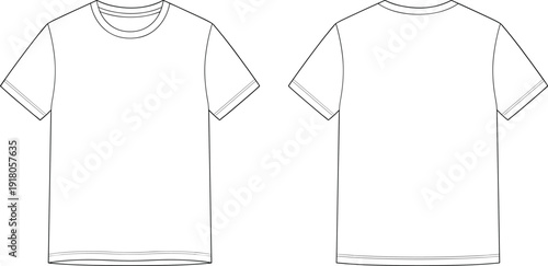 Blank t-shirt front and back technical outline template, short sleeve crew neck tee vector mockup for apparel branding, print design and catalog presentation