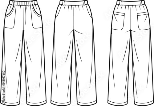 Technical fashion flat sketch of women wide leg pants with elastic waistband and patch pockets, front and back view apparel design template vector illustration