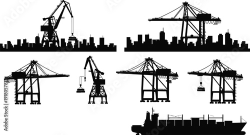 Harbor cargo crane and container ship silhouette vector set, port logistics loading equipment operating in maritime shipping terminal industrial city skyline background