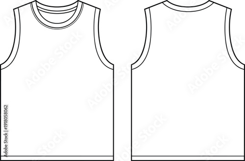 Blank tank top front and back technical template, sleeveless shirt outline vector mockup for apparel branding, print design, fashion catalog and merchandising presentation