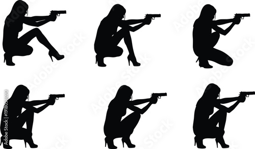 Silhouette Collection of a Woman Crouching and Aiming a Handgun Pistol While Wearing High Heels, Female Shooter Action Poses, SEO