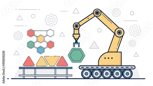 Modern robotic arm assembling components on production line