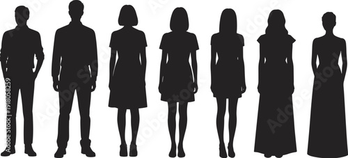 Silhouettes of diverse people standing in row, men and women figures, fashion diversity, gender representation, abstract design, minimal style