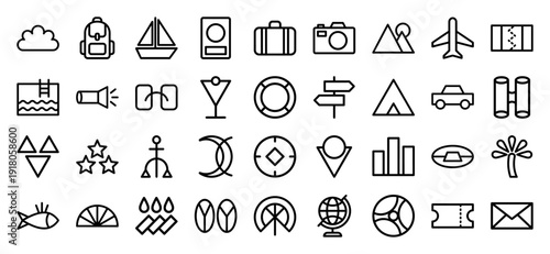 Travel and vacation line icon set. Vector pictograms of backpack, boat, passport, suitcase, camera, mountain, airplane, map, tent, and car, thick outline illustration.