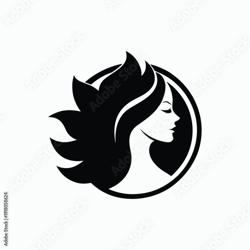 Elegant Silhouette Logo of a Woman with Flowing Artistic Hair and Circle. 