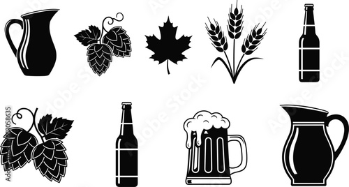 Beer brewing elements silhouette set, hops wheat bottle mug pitcher vector illustration isolated on white background for brewery design
