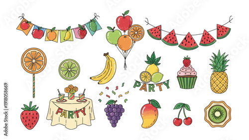 Fruit Fiesta of Joy: A vibrant collection of fruity decorations and party essentials. Bursting with color and playful elements, the scene captures the essence of celebration and deliciousness.