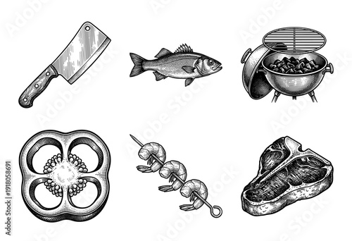 Vintage engraving style collection of barbecue grill icons including steak fish shrimp skewer bell pepper and meat cleaver