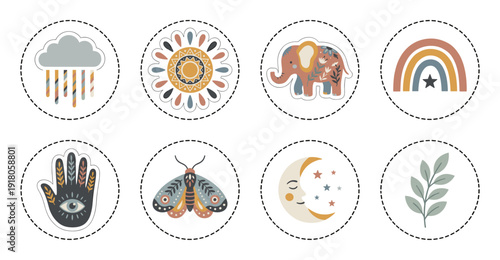 Boho Sticker Set with Celestial and Nature Elements