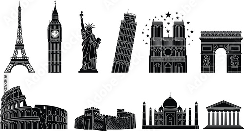 World famous landmarks silhouette collection, global monuments vector illustration isolated on white background for travel architecture design