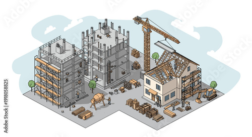 3D Rendering of Construction Site with Buildings.