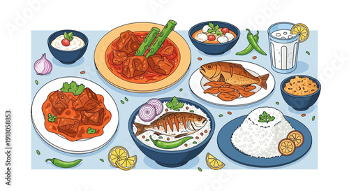 Colorful Illustrated Indian Cuisine Spread