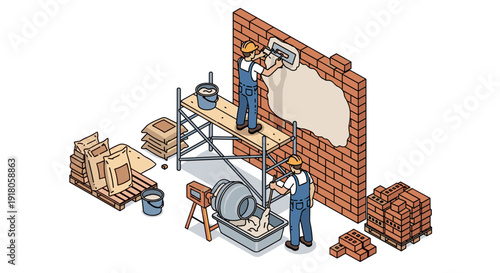 Bricklayers Constructing Wall with Scaffolding and Tools.