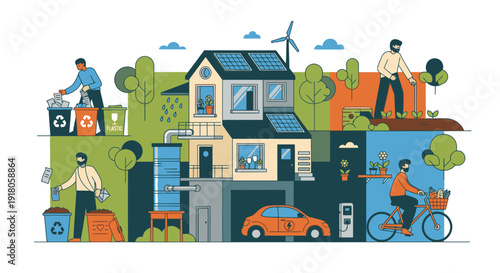 Sustainable living scene with people engaging in eco-friendly activities around a modern house with solar panels and wind turbines in a green environment from an aerial viewpoint