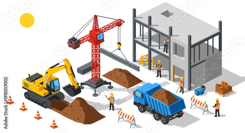 Construction Site with Crane and Excavator.