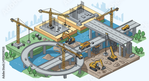 Construction Site with Buildings and Machinery.