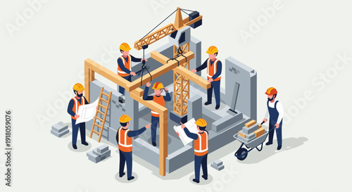 Construction Workers Building Modular Structure.