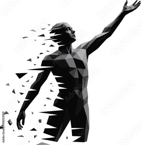 Man breaking free from geometric fragments in powerful pose