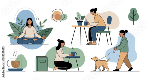 People engaging in various leisure activities at home and outdoors with pets and coffee
