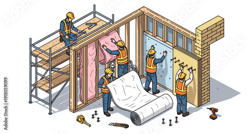 Construction Workers Building House Frame Structure.