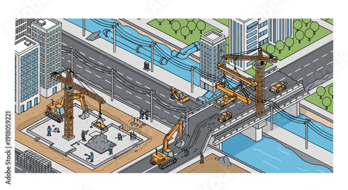 Industrial Facility with Cranes and Buildings.