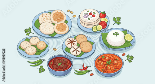 Colorful Illustration of Traditional South Indian Dishes