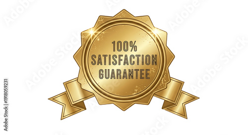 Vintage Gold Guarantee Badge with Ribbon and 100% Satisfaction Text