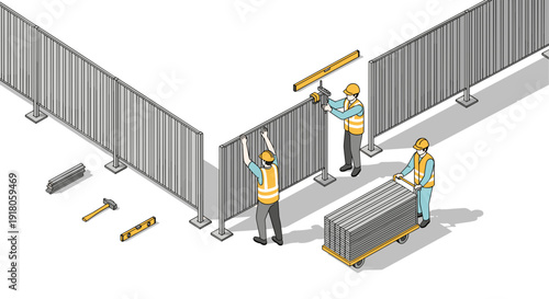 Workers Assembling Metal Fence Panels Together.