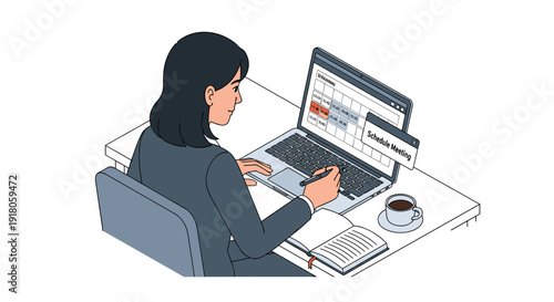 Woman Working on Laptop at Desk.