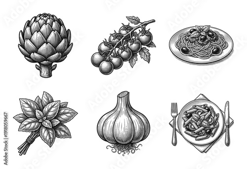 Vintage engraving collection of Italian culinary ingredients and pasta dishes featuring artichoke, cherry tomatoes, basil, garlic, and plated penne and spaghetti.