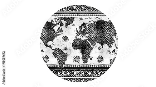 A black and white stylized illustration of the Earth, with decorative borders around the circular form