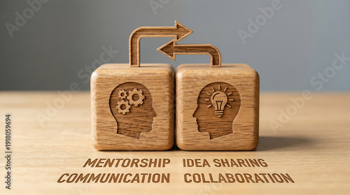 Wooden cubes showing mentorship concept with gear and lightbulb icons exchanging ideas. Positive collaboration on table represents knowledge transfer and strategic communication between partners