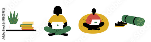 Flat Vector Remote Work and Wellness Graphic Set for Modern Lifestyle and Home Office Productivity