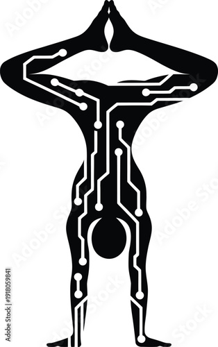 Stunning circuit board human form with arms raised in dynamic pose